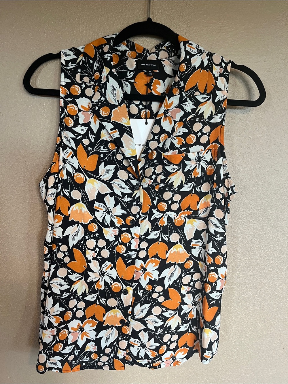 Who What Wear Black & Orange Floral Button-Front Sleeveless Blouse